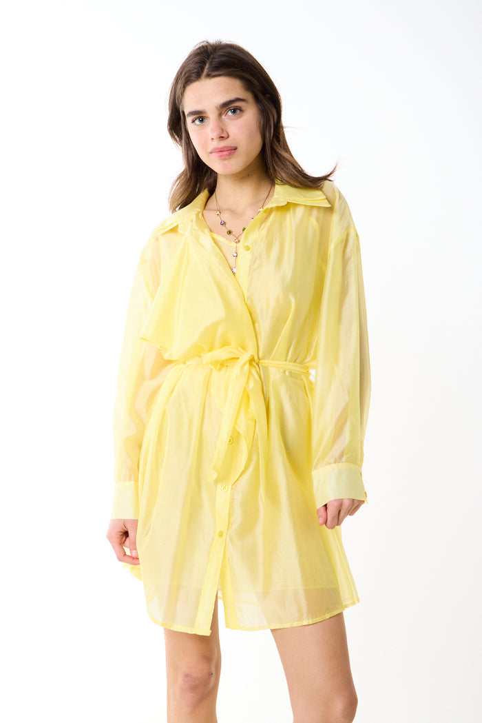 Sheer belted button down relaxed mini shirt dress wholesale