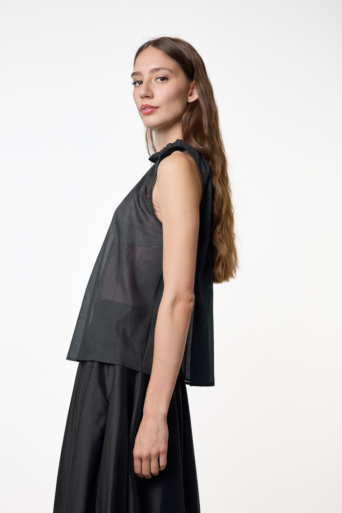 Sheer frill neck sleeveless blouse wholesale