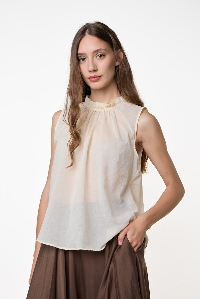 Sheer frill neck sleeveless blouse wholesale