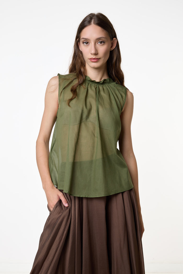 Sheer frill neck sleeveless blouse wholesale