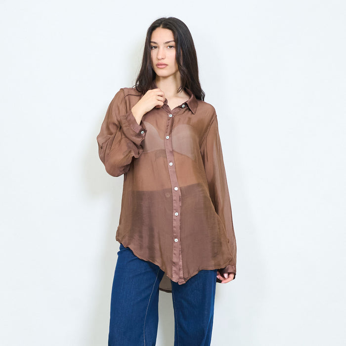 Sheer lace panel button-up chiffon blouse wholesale