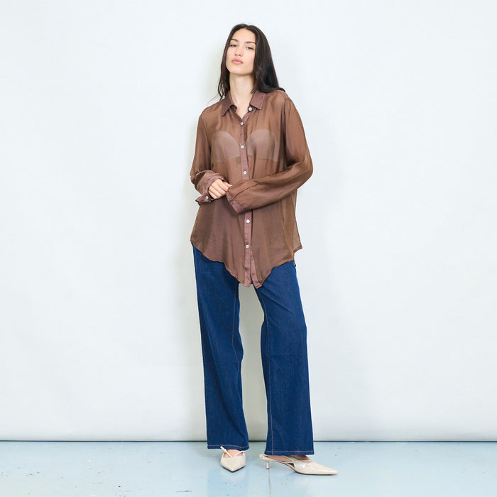 Sheer lace panel button-up chiffon blouse wholesale