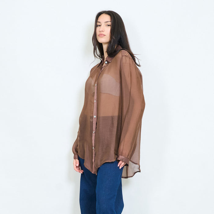 Sheer lace panel button-up chiffon blouse wholesale