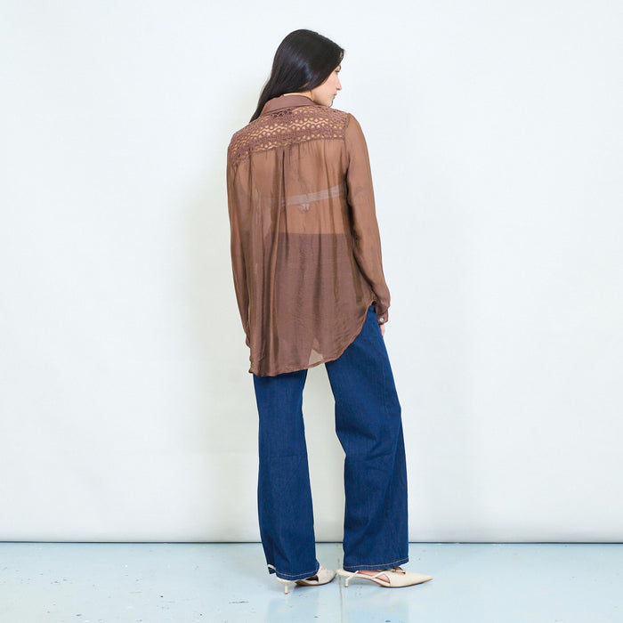 Sheer lace panel button-up chiffon blouse wholesale