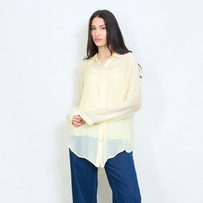 Sheer lace panel button-up chiffon blouse wholesale