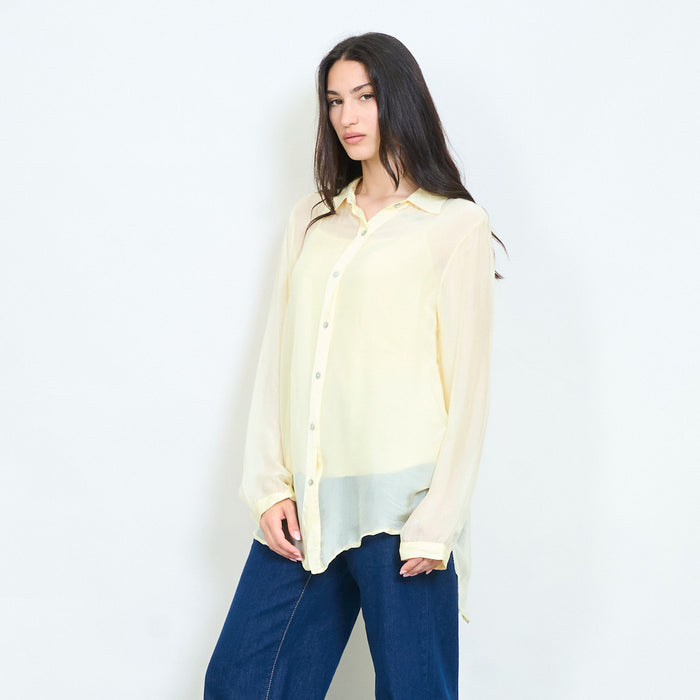 Sheer lace panel button-up chiffon blouse wholesale