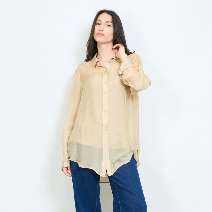 Sheer lace panel button-up chiffon blouse wholesale