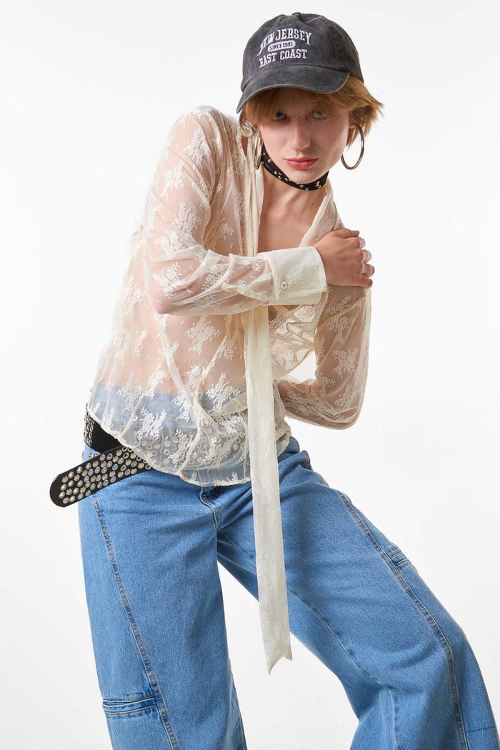 Sheer lace tie neck long sleeve blouse wholesale