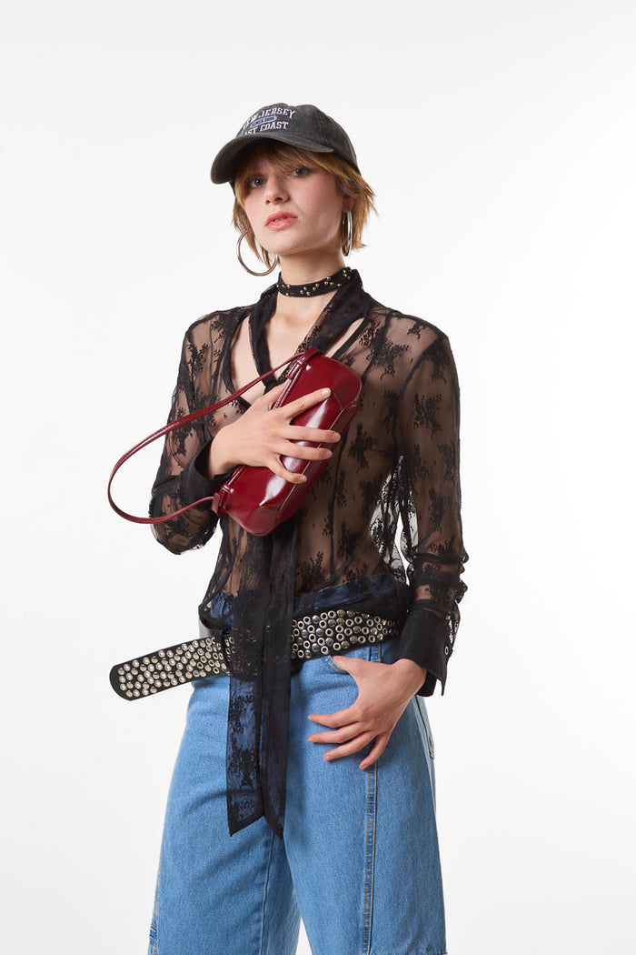 Sheer lace tie neck long sleeve blouse wholesale