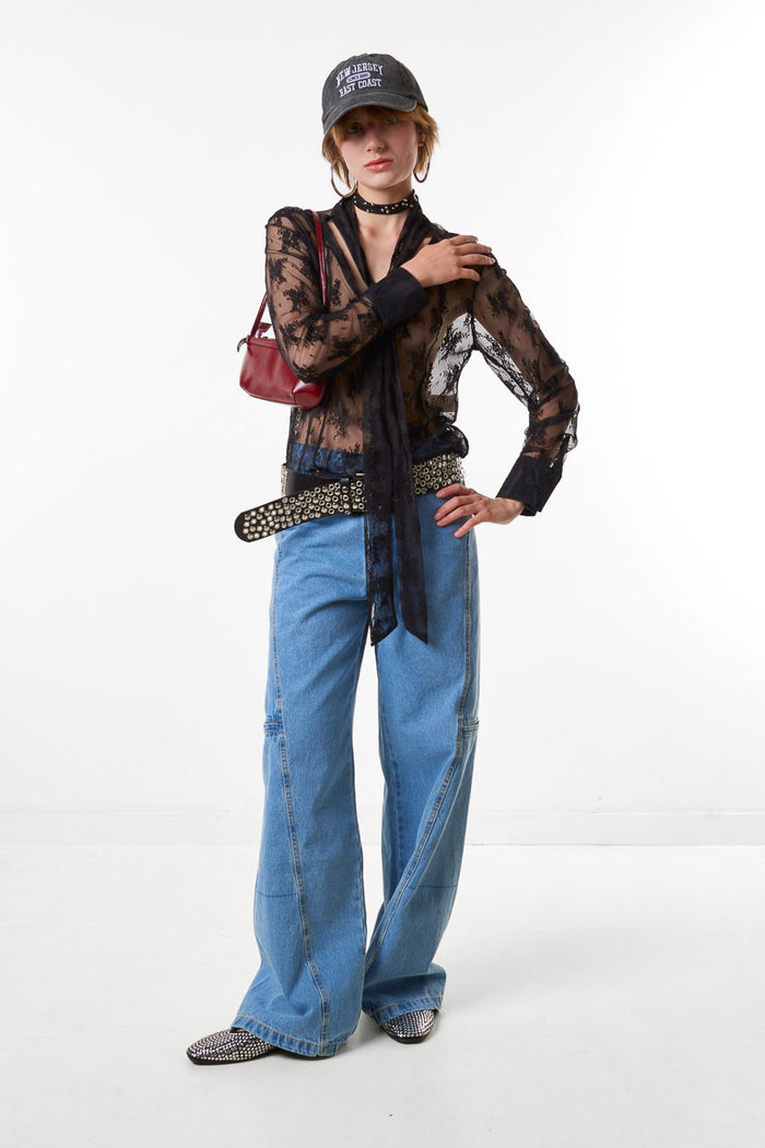 Sheer lace tie neck long sleeve blouse wholesale