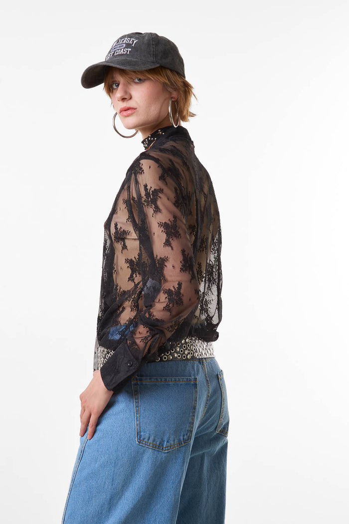 Sheer lace tie neck long sleeve blouse wholesale