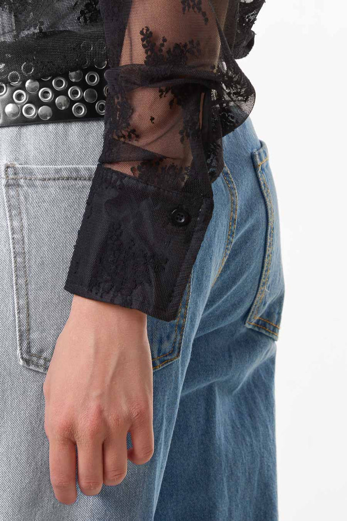 Sheer lace tie neck long sleeve blouse wholesale