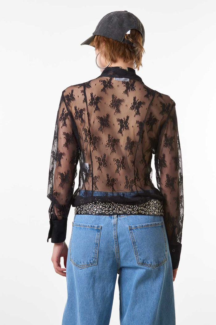 Sheer lace tie neck long sleeve blouse wholesale