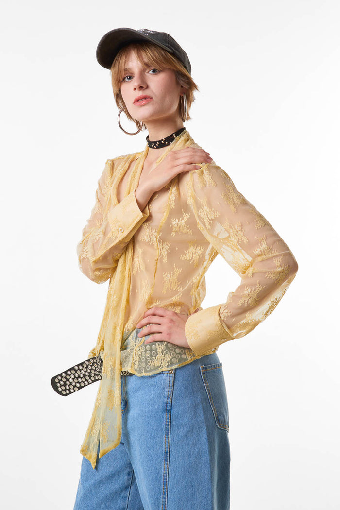 Sheer lace tie neck long sleeve blouse wholesale