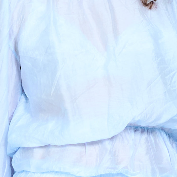 Sheer layered blouse with side tie neckline and elastic hem detail wholesale