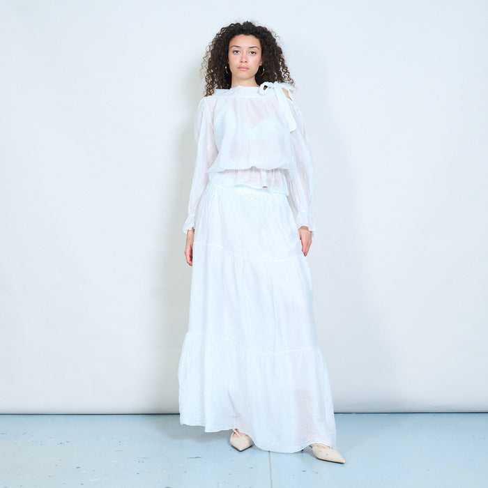 Sheer layered blouse with side tie neckline and elastic hem detail wholesale