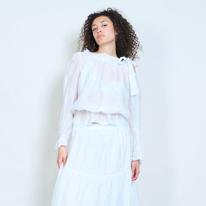 Sheer layered blouse with side tie neckline and elastic hem detail wholesale