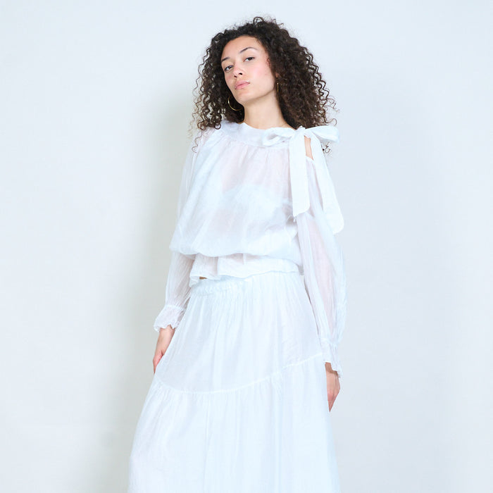 Sheer layered blouse with side tie neckline and elastic hem detail wholesale