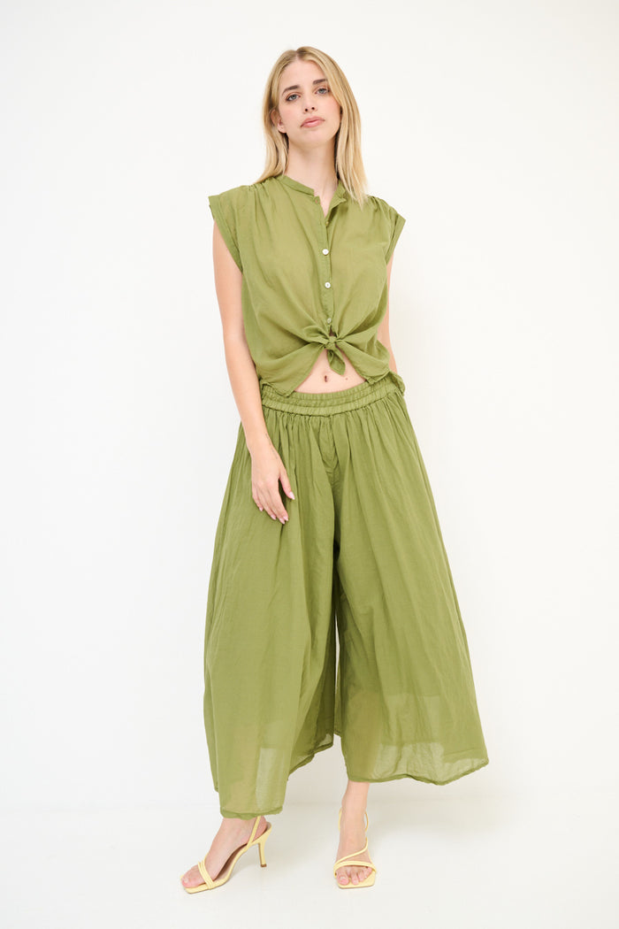 Sheer overlay wide leg flowy elastic waist trouser wholesale