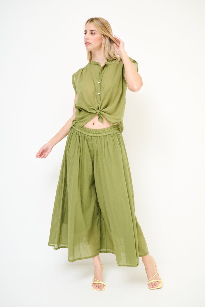 Sheer overlay wide leg flowy elastic waist trouser wholesale