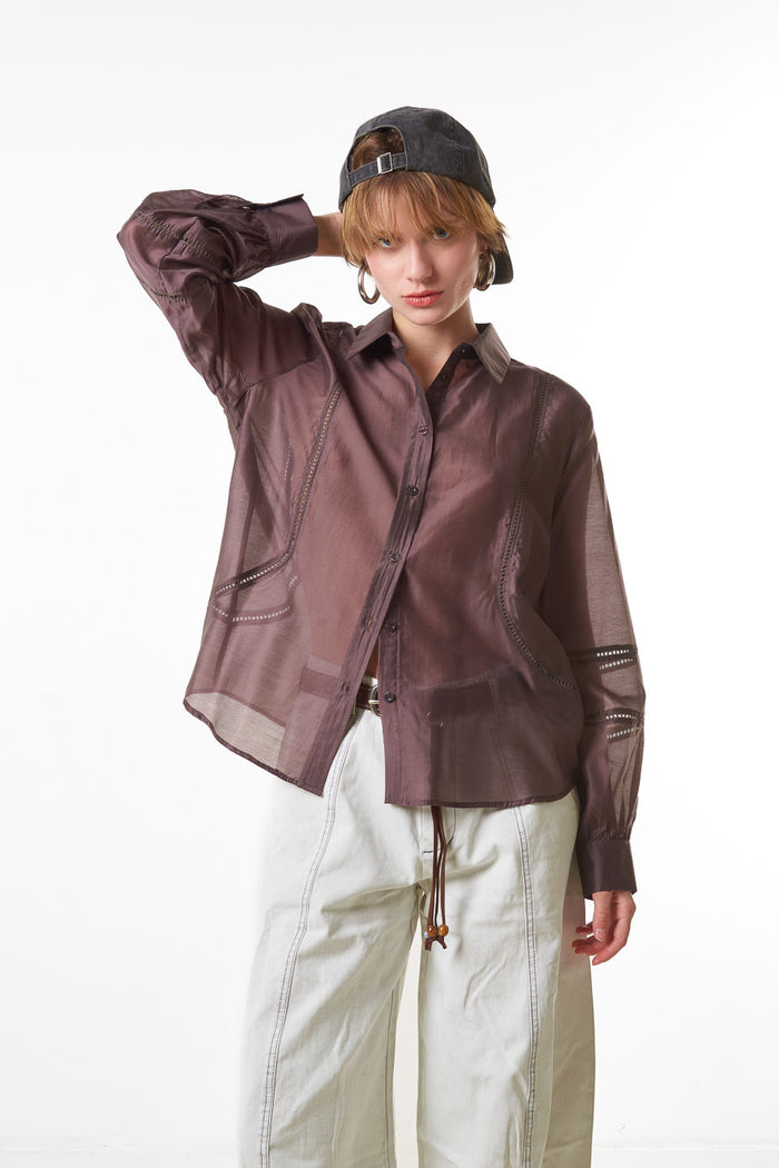 Sheer panel detail button down blouse wholesale