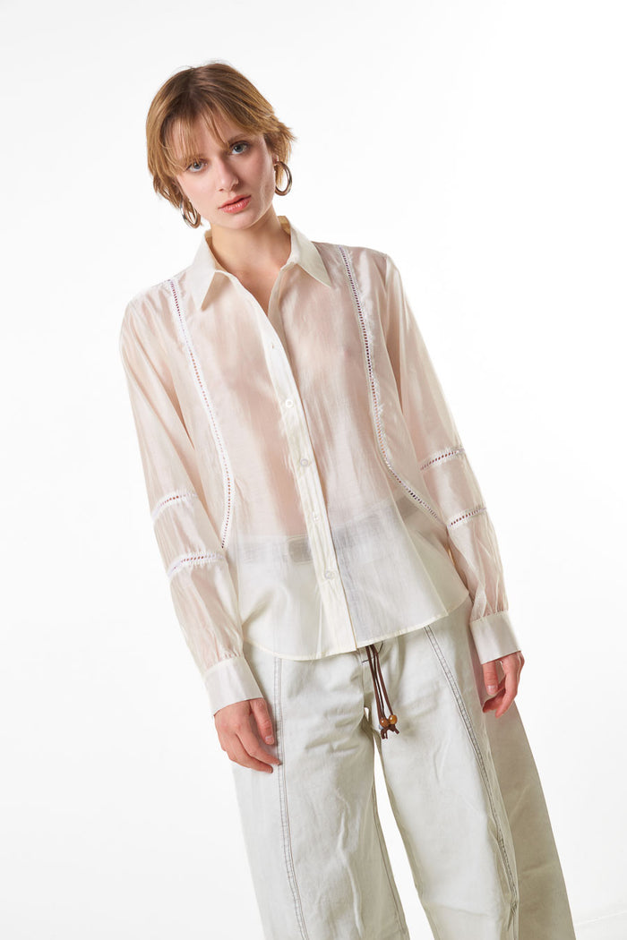 Sheer panel detail button down blouse wholesale