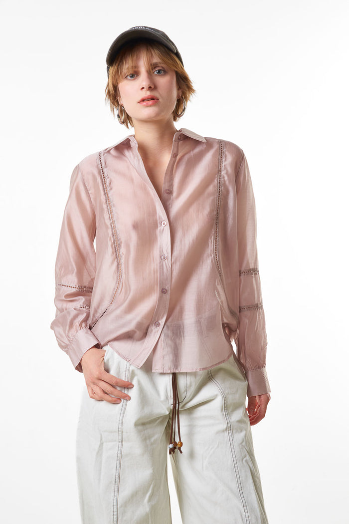 Sheer panel detail button down blouse wholesale