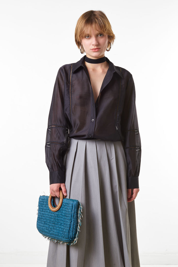 Sheer panel detail button down blouse wholesale