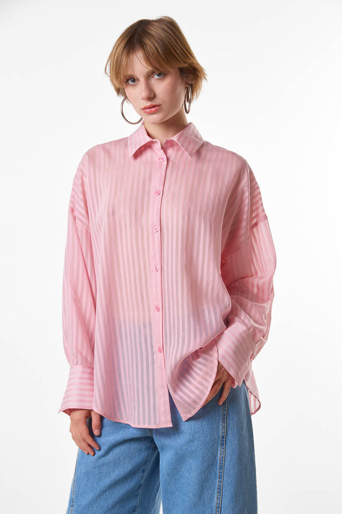 Sheer striped relaxed button down blouse wholesale