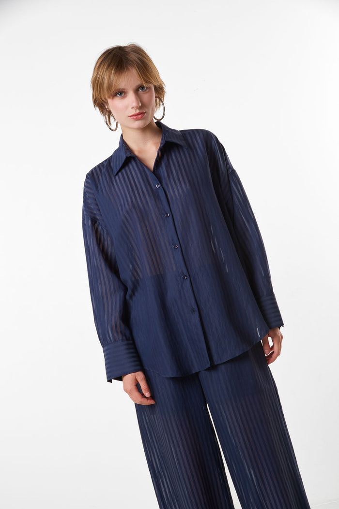 Sheer striped relaxed button down blouse wholesale