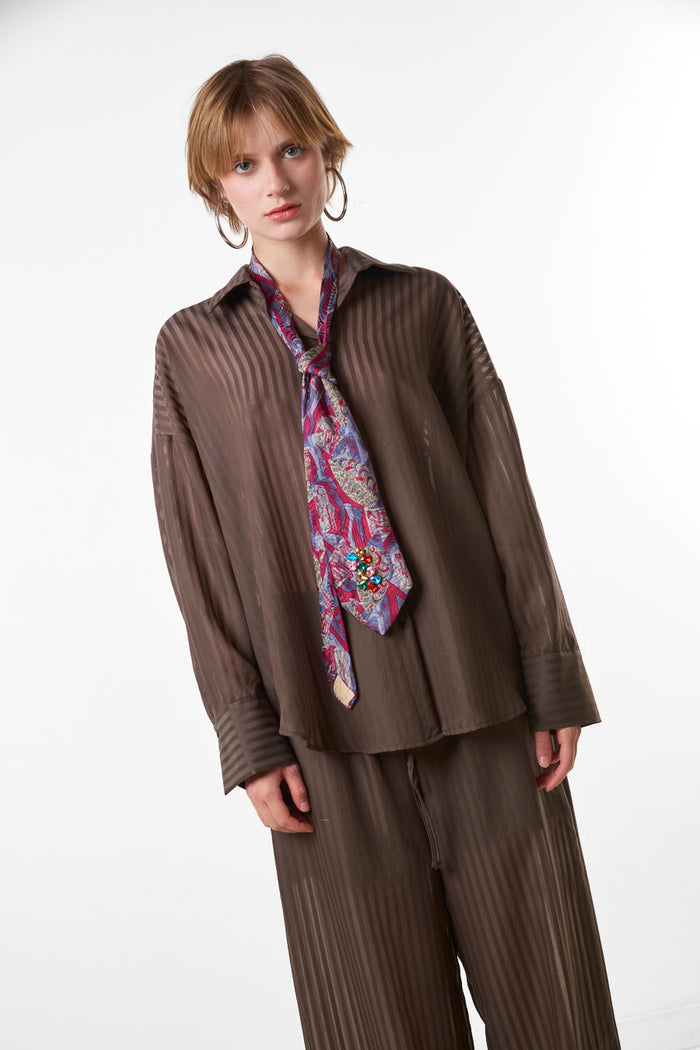 Sheer striped relaxed button down blouse wholesale
