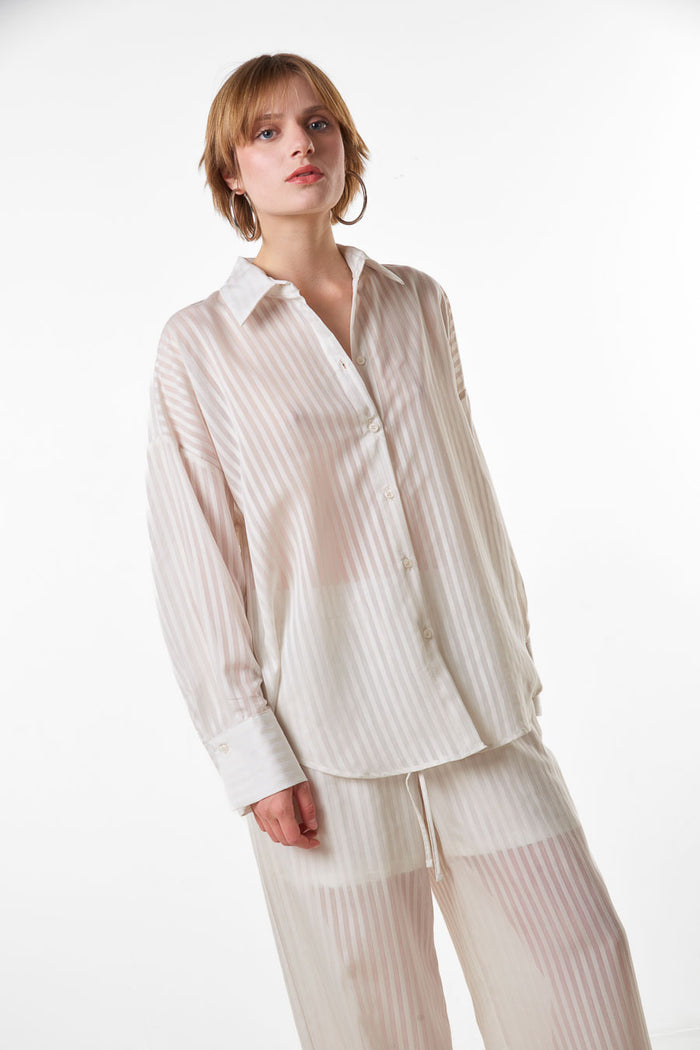 Sheer striped relaxed button down blouse wholesale
