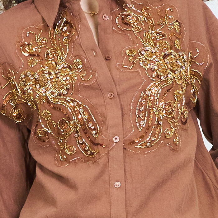Shirt with gold sequin embroidered floral design wholesale