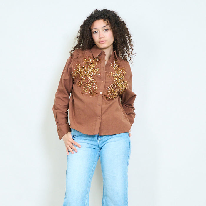Shirt with gold sequin embroidered floral design wholesale