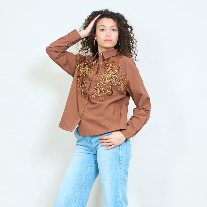 Shirt with gold sequin embroidered floral design wholesale