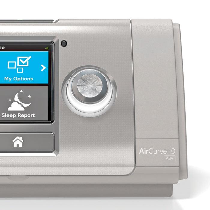 Silver Resmed Aircurve 10 BiPAP with digital display on a white background