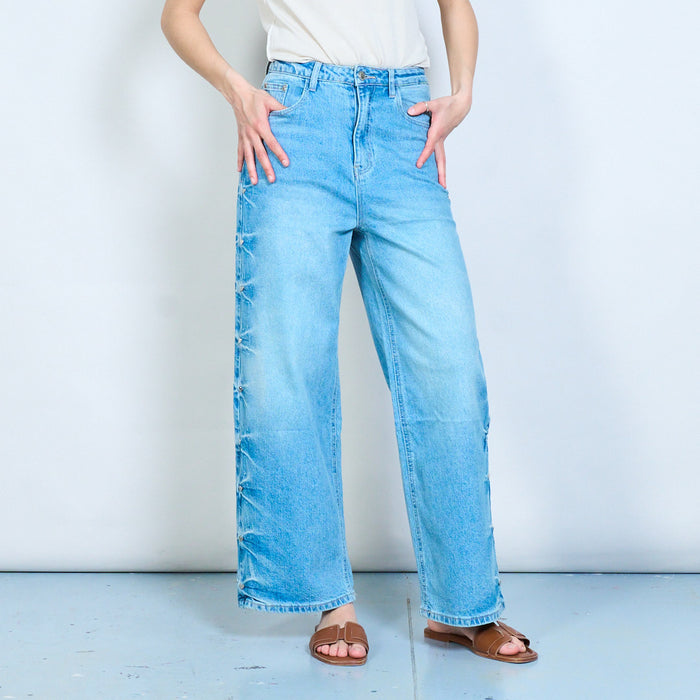 Side heart stud wide-leg denim jeans with embellishment detail wholesale