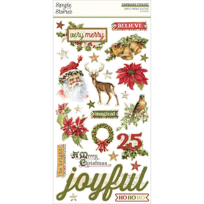 Simple Stories - Chipboard Stickers 6"X12" - Simple Vintage Yuletide. Stickers can be a fun embellishment, a whimsical accent or add elegant polish to scrapbook pages, greeting cards, mixed media and more. This package contains 26 Chipboard Stickers. Available at Embellish Away located in Bowmanville Ontario Canada.