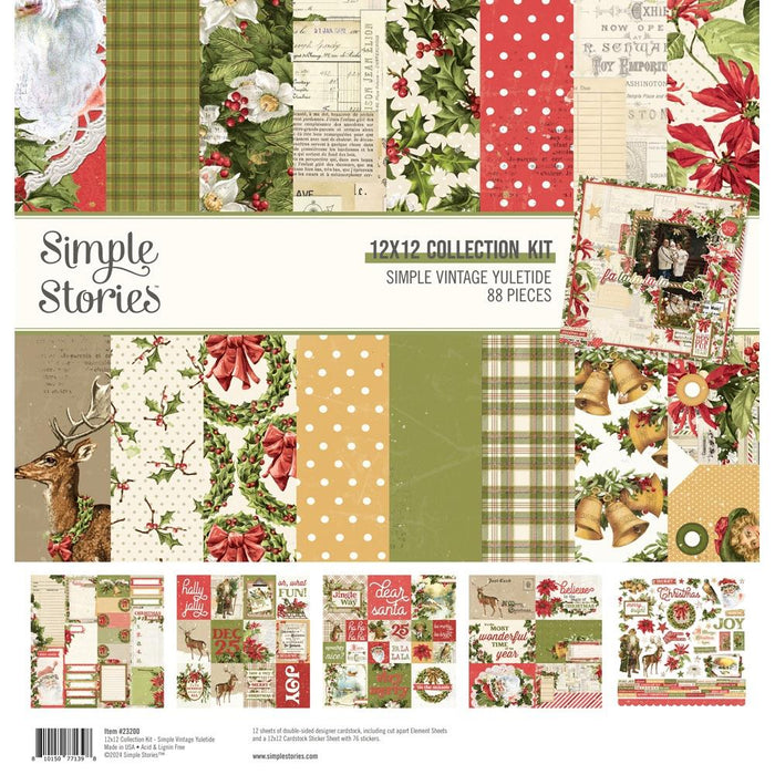 Simple Stories - Collection Kit 12"X12" - Simple Vintage Yuletide. This package contains 12 sheets of double-sided 12x12 Designer Cardstock including cut apart Journal, Tags and Element Sheets 12x12 Cardstock Sticker Sheet with 76 stickers; 88 pieces. Available at Embellish Away located in Bowmanville Ontario Canada.