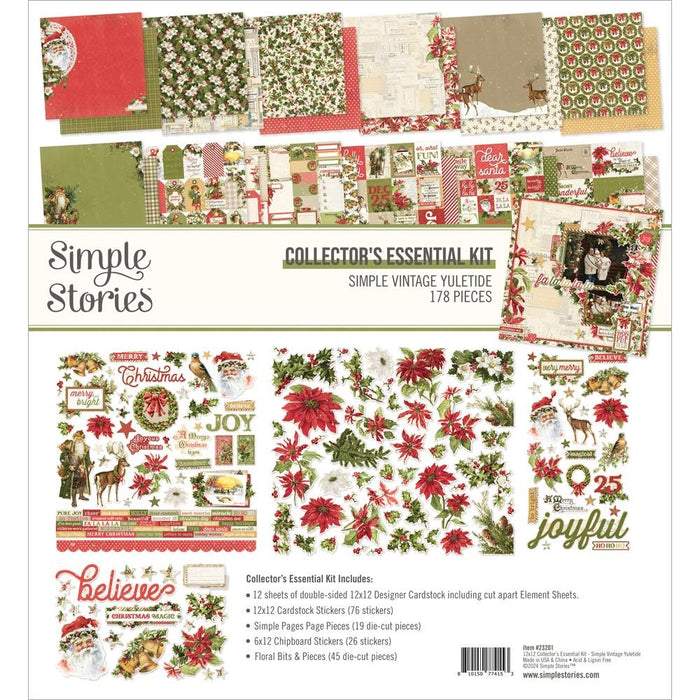 Simple Stories - Collector's Essential Kit 12"X12" - Simple Vintage Yuletide. Contains 12 sheets of Cardstock including cut apart Journal, Tags, Element Sheets and Sticker Sheet (76), Floral Bits (45), 6x12 Chipboard (26), Page Pieces (19); 178 pieces. Available at Embellish Away located in Bowmanville Ontario Canada.