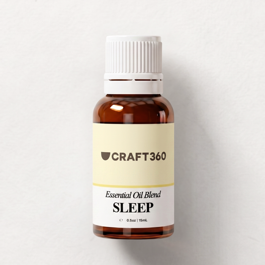 Bottle of 'Sleep' essential oil blend by Craft360 on a light gray background