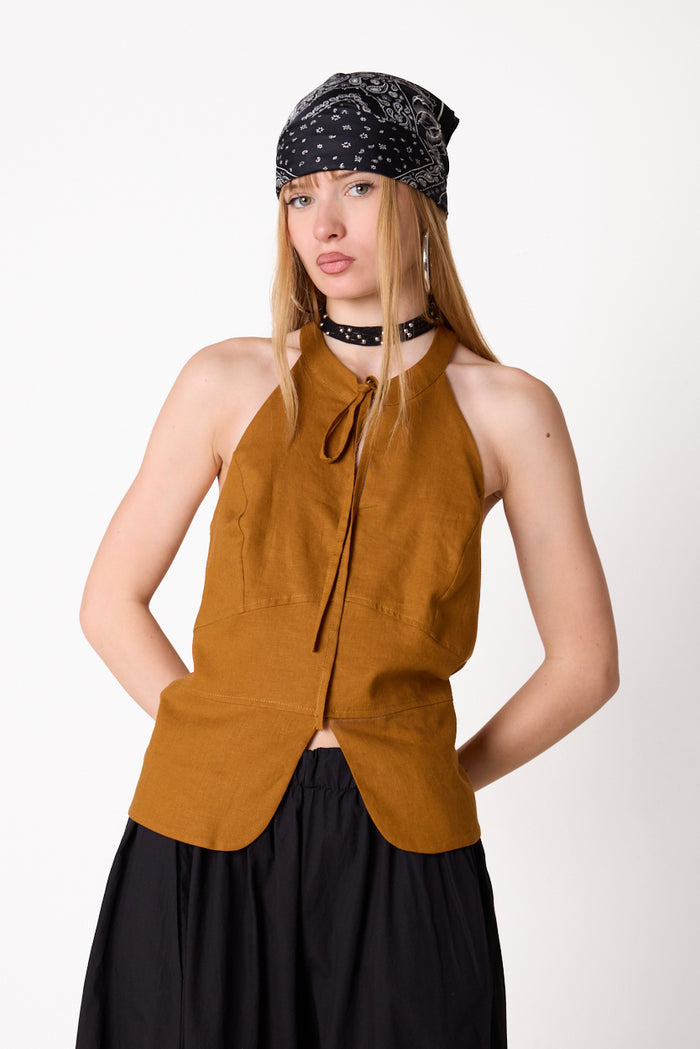 Sleeveless halter linen blend top with front tie detail wholesale