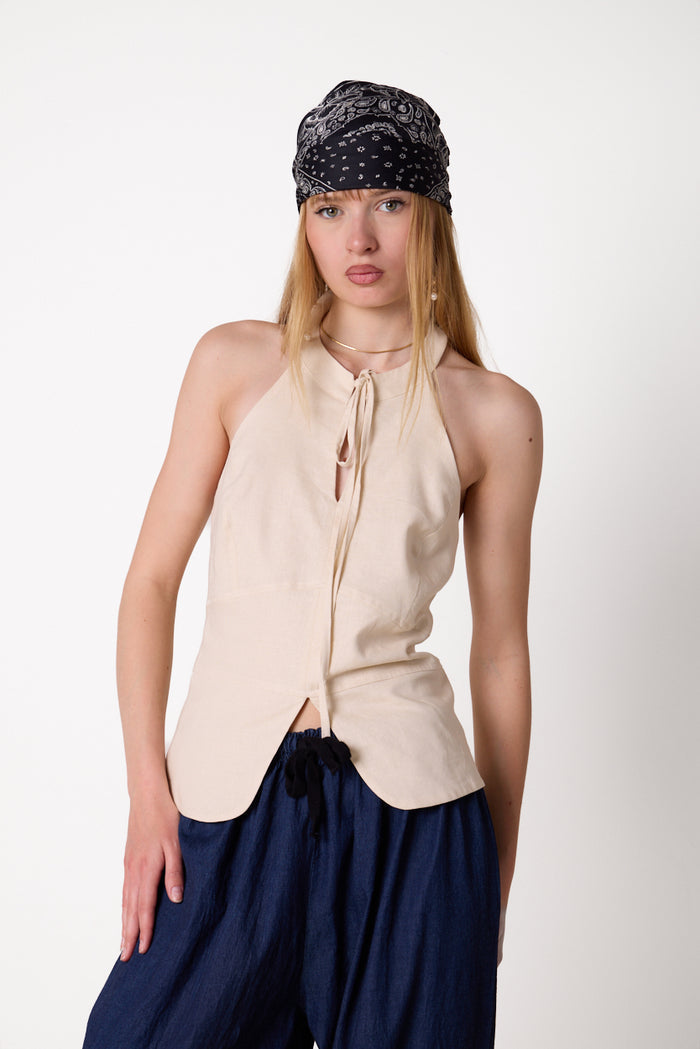 Sleeveless halter linen blend top with front tie detail wholesale