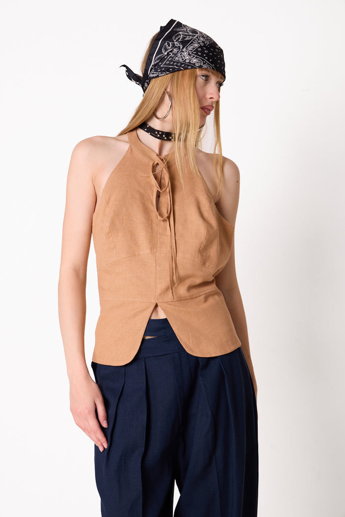 Sleeveless halter linen blend top with front tie detail wholesale