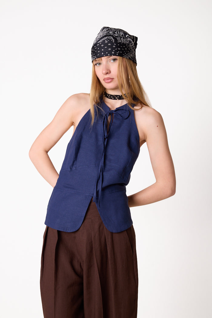 Sleeveless halter linen blend top with front tie detail wholesale