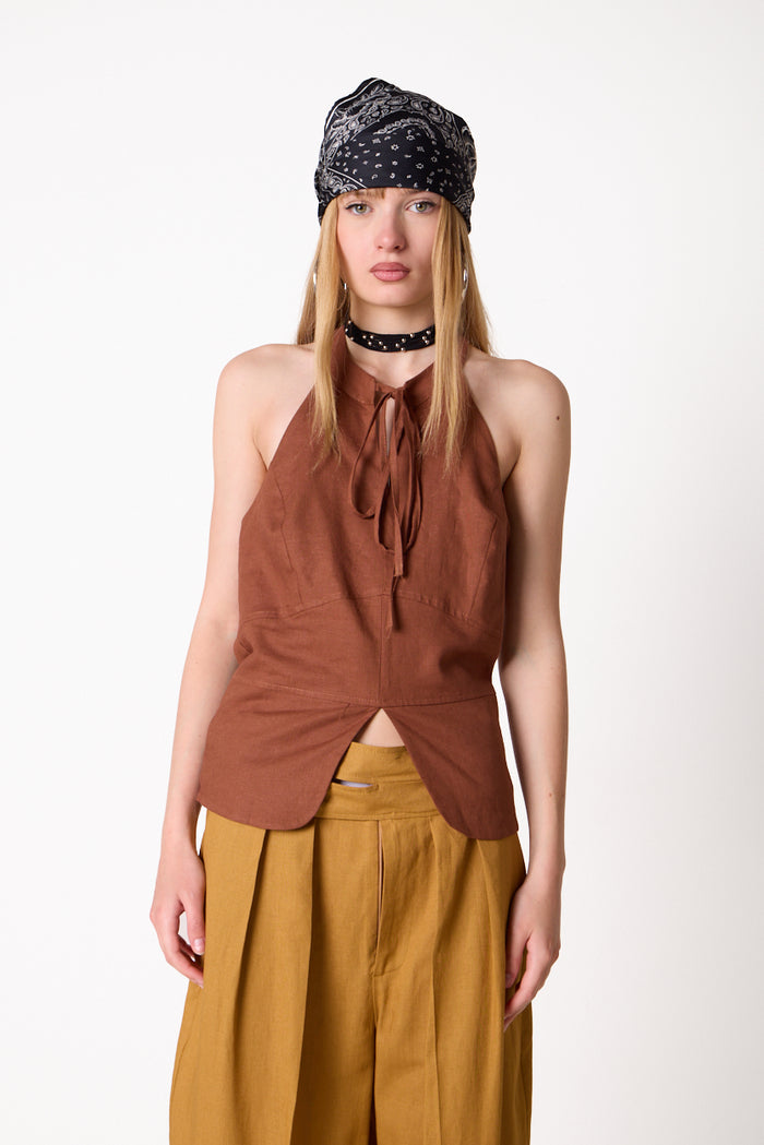 Sleeveless halter linen blend top with front tie detail wholesale