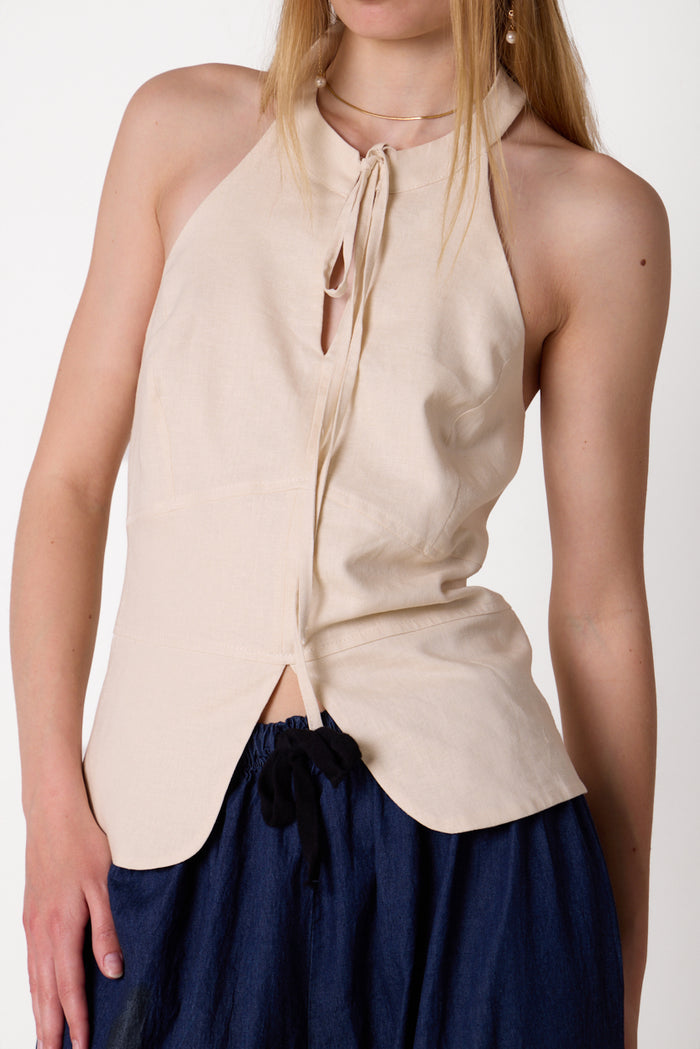 Sleeveless halter linen blend top with front tie detail wholesale