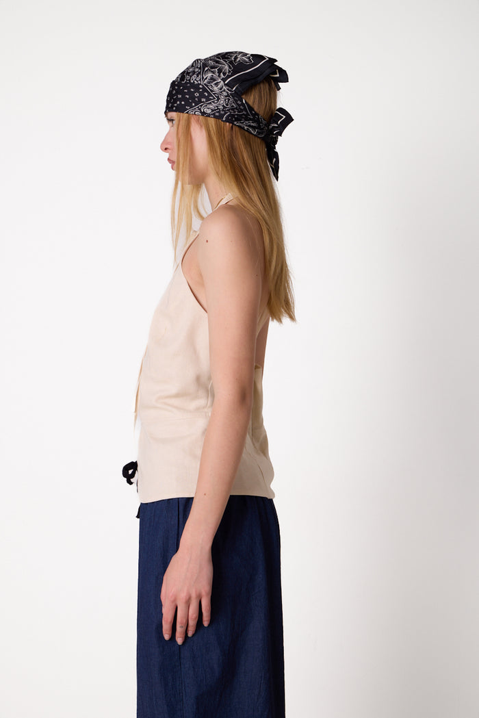 Sleeveless halter linen blend top with front tie detail wholesale