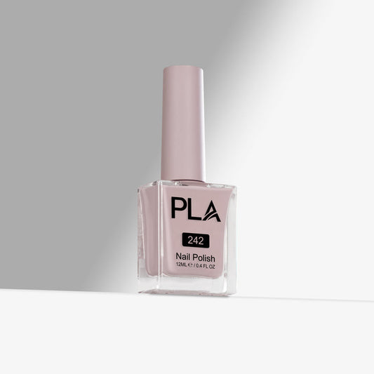 Pink nail polish bottle with 'PLA' branding on a gray background