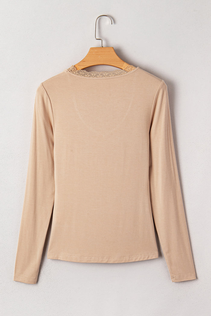 Smoke Gray Lace-trimmed Sweetheart Neckline Ruched Detail Long Sleeve T-shirt 🇺🇸